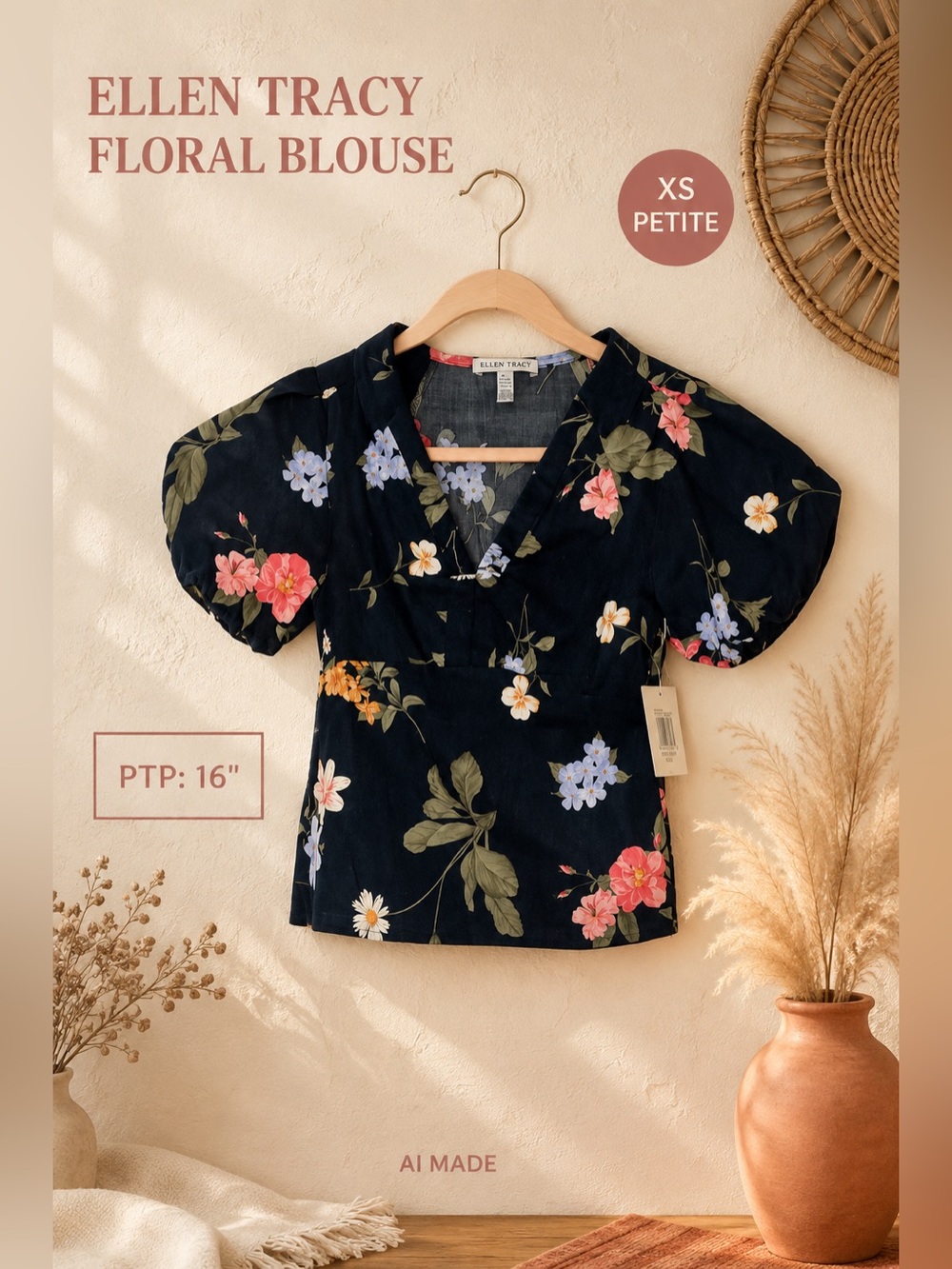 Ellen Tracy Floral Puff-Sleeve Blouse Size XS Petite NWT